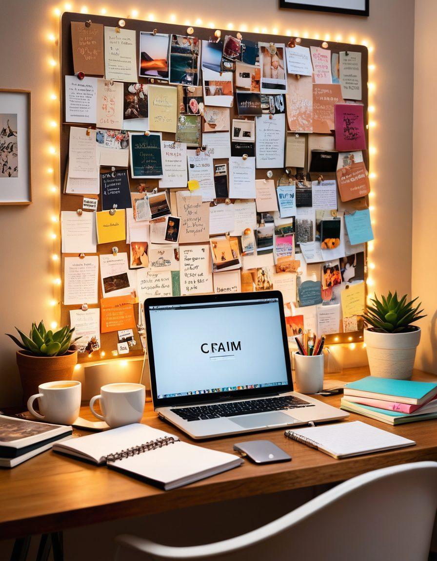 A creative workspace filled with colorful notebooks, a laptop with a glowing screen displaying a blog page, and scattered coffee cups, symbolizing passion and inspiration. In the background, a pinboard with successful blogging strategies and a vision board showcasing goals. Warm, inviting lighting creates a cozy atmosphere, evoking a sense of connection and motivation. super-realistic. vibrant colors. cozy background.