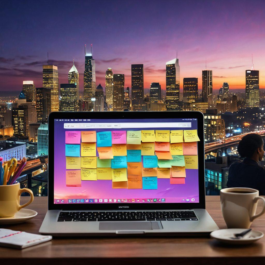 An open laptop with a glowing screen displaying a vibrant blog interface, surrounded by colorful sticky notes and a steaming cup of coffee. A diverse group of individuals, brainstorming ideas and collaborating, with light bulbs and gears symbolizing creativity above their heads. The background shows a busy city skyline featuring a sunrise, symbolizing new beginnings and potential. super-realistic. vibrant colors. soft focus.